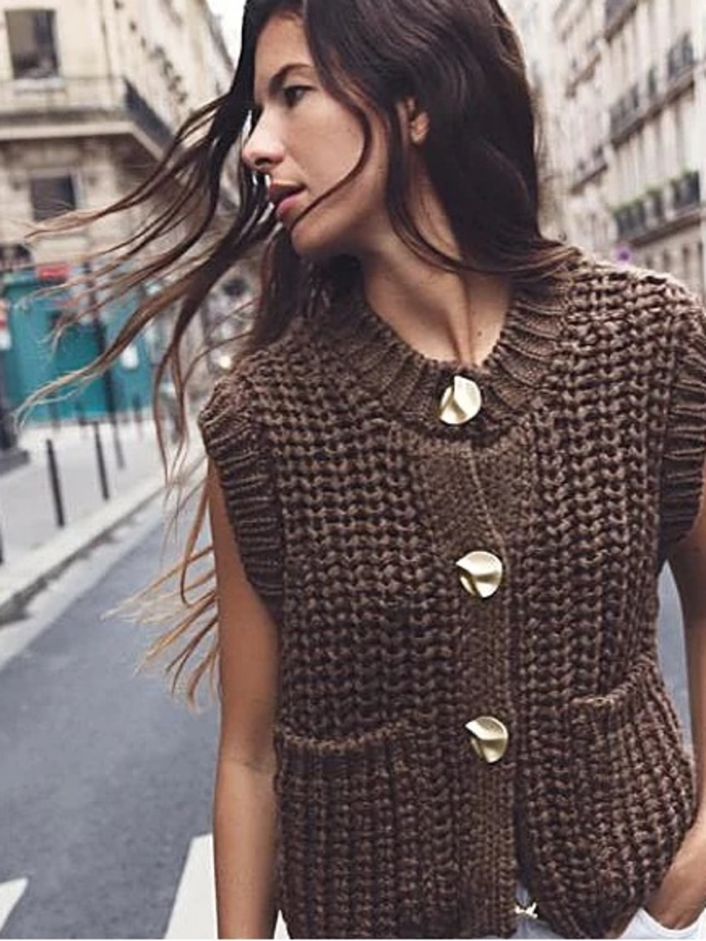 Zara Chunky Knit Brown Sleeveless Cardigan with Gold Buttons Size M